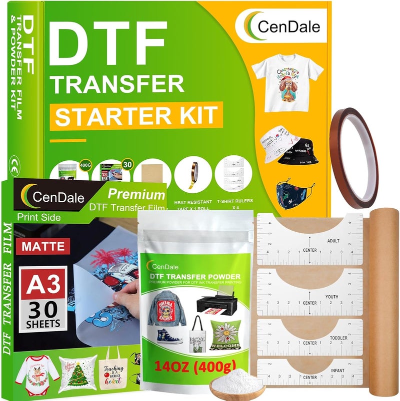 CenDale DTF Transfer Film Powder Kit - 30 Sheets A3 Film for Sublimation, 14oz White Medium Powder, Starter Kit for DTF/Sublimation Printer, Hot & Cold Peel Paper for All Color Fabrics - Image 1